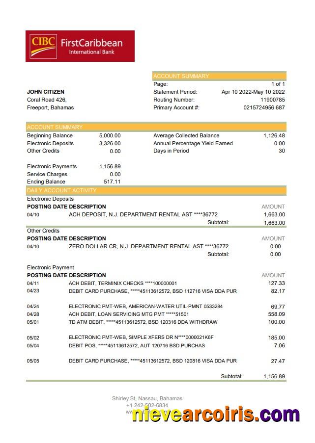 Bahamas FirstCaribbean International Bank bank statement xls
